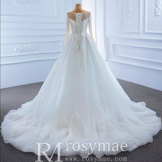 Beaded Pearls Mermaid Long Sleeves Wedding Dress with Overskirt - Rosymae