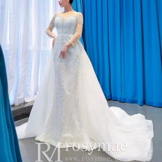 Beaded Pearls Mermaid Long Sleeves Wedding Dress with Overskirt - Rosymae