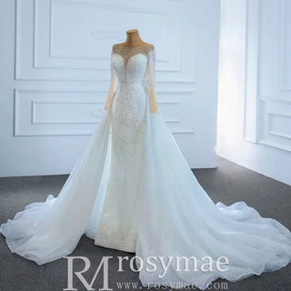 Beaded Pearls Mermaid Long Sleeves Wedding Dress with Overskirt - Rosymae