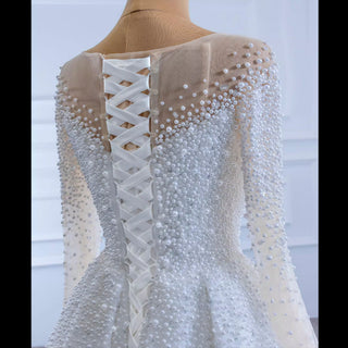 Beaded Pearls Mermaid Long Sleeves Wedding Dress with Overskirt - Rosymae