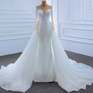 Beaded Pearls Mermaid Long Sleeves Wedding Dress with Overskirt - Rosymae