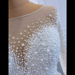Beaded Pearls Mermaid Long Sleeves Wedding Dress with Overskirt - Rosymae