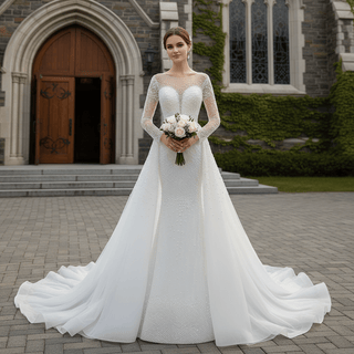 Beaded Pearls Mermaid Long Sleeves Wedding Dress with Overskirt - Rosymae
