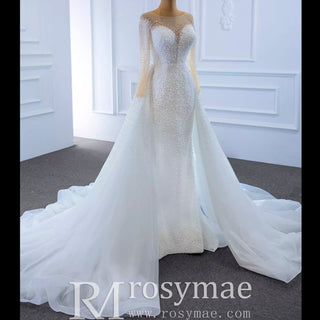 Beaded Pearls Mermaid Long Sleeves Wedding Dress with Overskirt - Rosymae