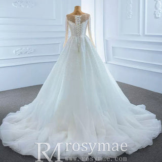 Beaded Pearls Mermaid Long Sleeves Wedding Dress with Overskirt - Rosymae