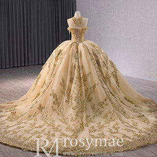 Beaded Sequin Sparkly Wedding Gown Halter Neck Quinceanera Dress - Rosymae