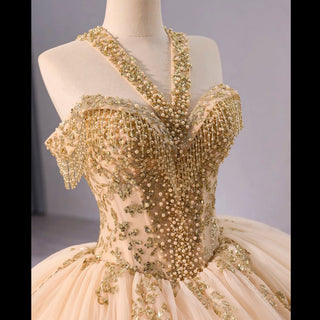 Beaded Sequin Sparkly Wedding Gown Halter Neck Quinceanera Dress - Rosymae