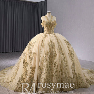 Beaded Sequin Sparkly Wedding Gown Halter Neck Quinceanera Dress - Rosymae