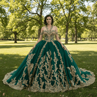 Beaded Sequin Sparkly Wedding Gown Halter Neck Quinceanera Dress - Rosymae