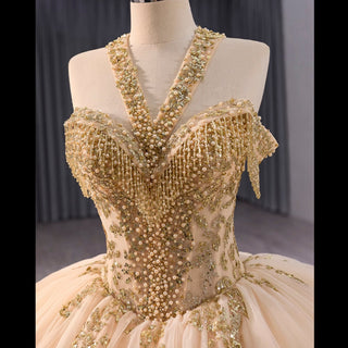 Beaded Sequin Sparkly Wedding Gown Halter Neck Quinceanera Dress - Rosymae