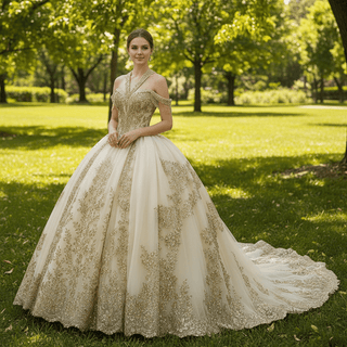 Beaded Sequin Sparkly Wedding Gown Halter Neck Quinceanera Dress - Rosymae