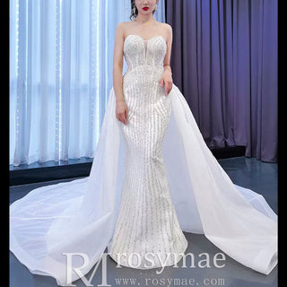 Beaded Sheath Sweetheart Mermaid Wedding Dress with Detachable Skirt - Rosymae
