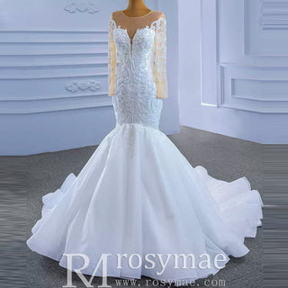 Beaded Sheer Neck Mermaid Wedding Dresses with Long Sleeves - Rosymae