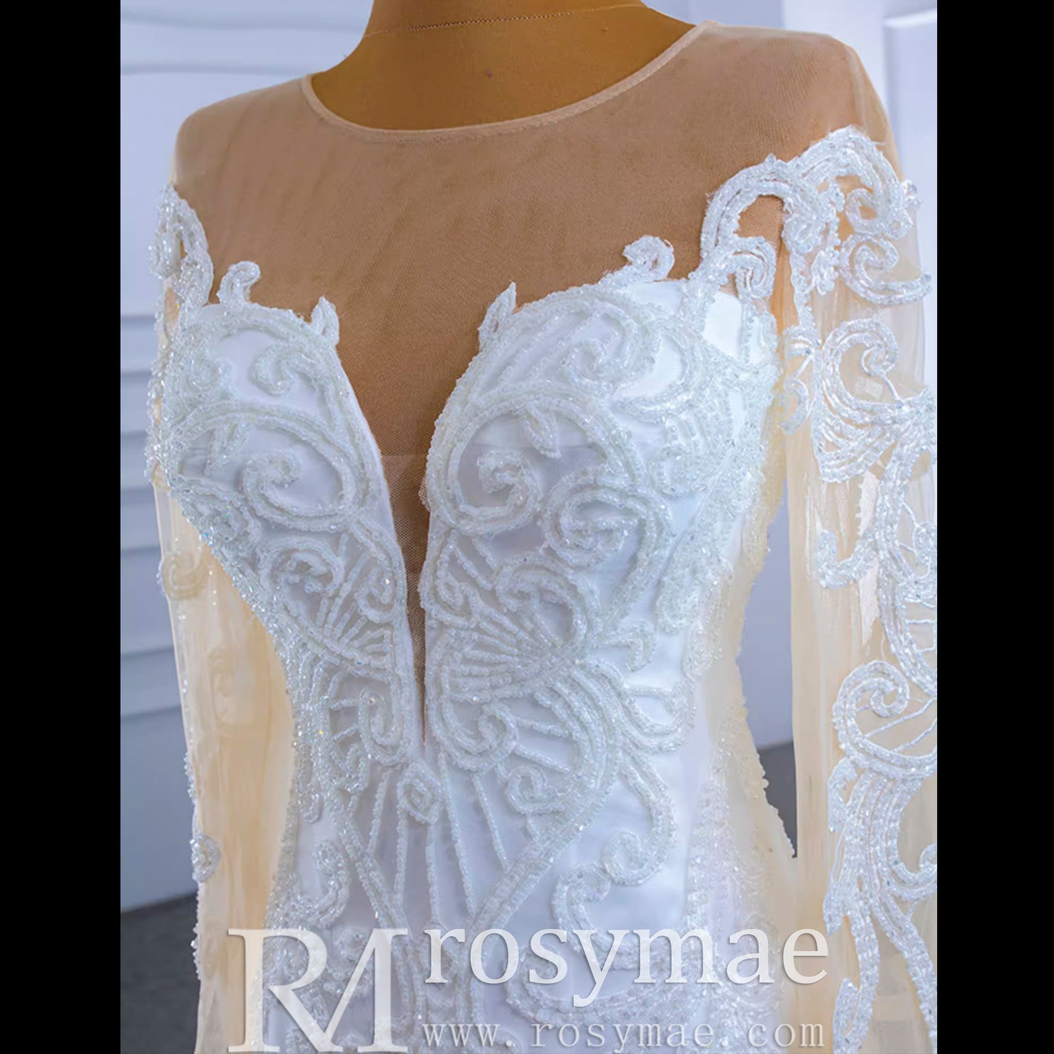 Beaded Sheer Neck Mermaid Wedding Dresses with Long Sleeves - Rosymae