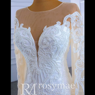 Beaded Sheer Neck Mermaid Wedding Dresses with Long Sleeves - Rosymae