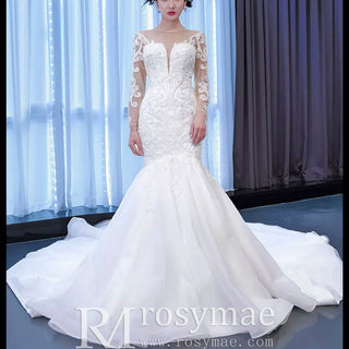 Beaded Sheer Neck Mermaid Wedding Dresses with Long Sleeves - Rosymae