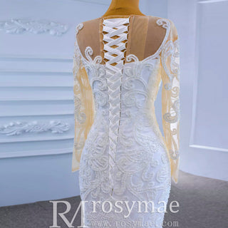 Beaded Sheer Neck Mermaid Wedding Dresses with Long Sleeves - Rosymae