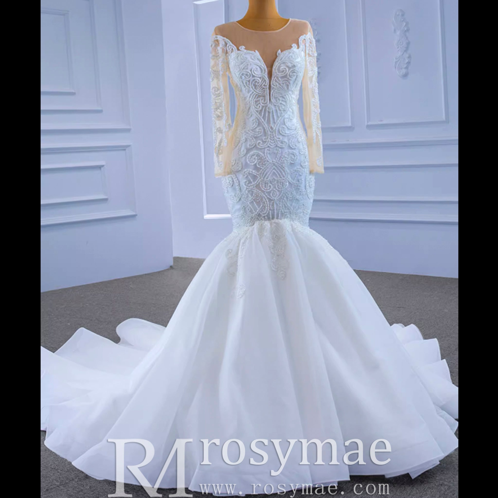 Beaded Sheer Neck Mermaid Wedding Dresses with Long Sleeves - Rosymae