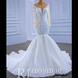 Beaded Sheer Neck Mermaid Wedding Dresses with Long Sleeves - Rosymae