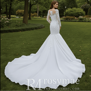 Beaded Sheer Neck Mermaid Wedding Dresses with Long Sleeves - Rosymae