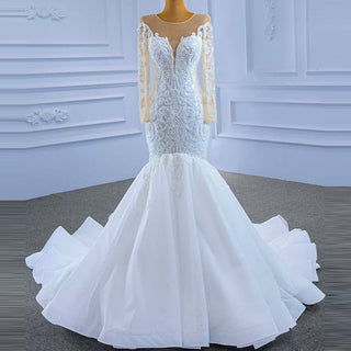 Beaded Sheer Neck Mermaid Wedding Dresses with Long Sleeves - Rosymae