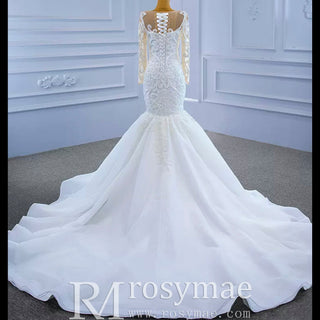Beaded Sheer Neck Mermaid Wedding Dresses with Long Sleeves - Rosymae