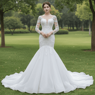 Beaded Sheer Neck Mermaid Wedding Dresses with Long Sleeves - Rosymae