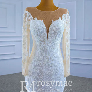 Beaded Sheer Neck Mermaid Wedding Dresses with Long Sleeves - Rosymae