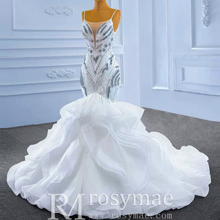Beaded Spaghetti Strap Mermaid Wedding Dress with Ruffle Skirt - Rosymae