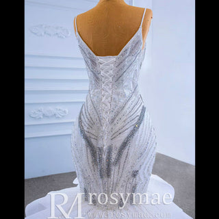 Beaded Spaghetti Strap Mermaid Wedding Dress with Ruffle Skirt - Rosymae