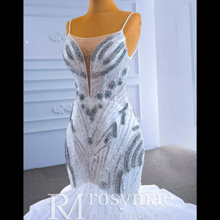 Beaded Spaghetti Strap Mermaid Wedding Dress with Ruffle Skirt - Rosymae