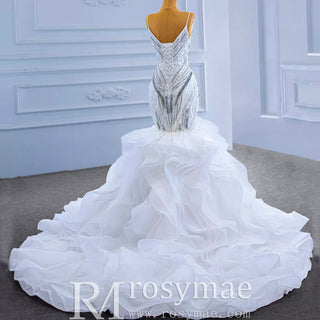 Beaded Spaghetti Strap Mermaid Wedding Dress with Ruffle Skirt - Rosymae