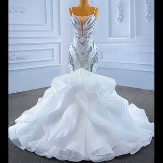 Beaded Spaghetti Strap Mermaid Wedding Dress with Ruffle Skirt - Rosymae