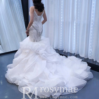 Beaded Spaghetti Strap Mermaid Wedding Dress with Ruffle Skirt - Rosymae