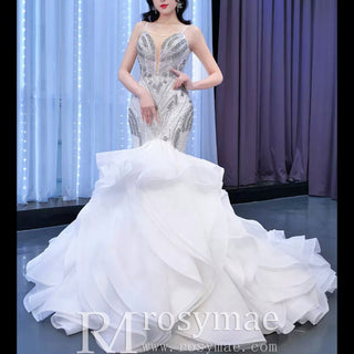 Beaded Spaghetti Strap Mermaid Wedding Dress with Ruffle Skirt - Rosymae