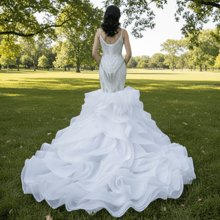 Beaded Spaghetti Strap Mermaid Wedding Dress with Ruffle Skirt - Rosymae