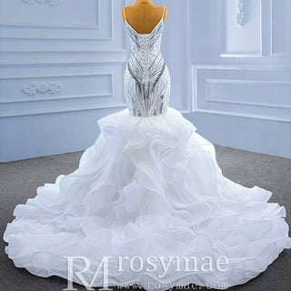 Beaded Spaghetti Strap Mermaid Wedding Dress with Ruffle Skirt - Rosymae