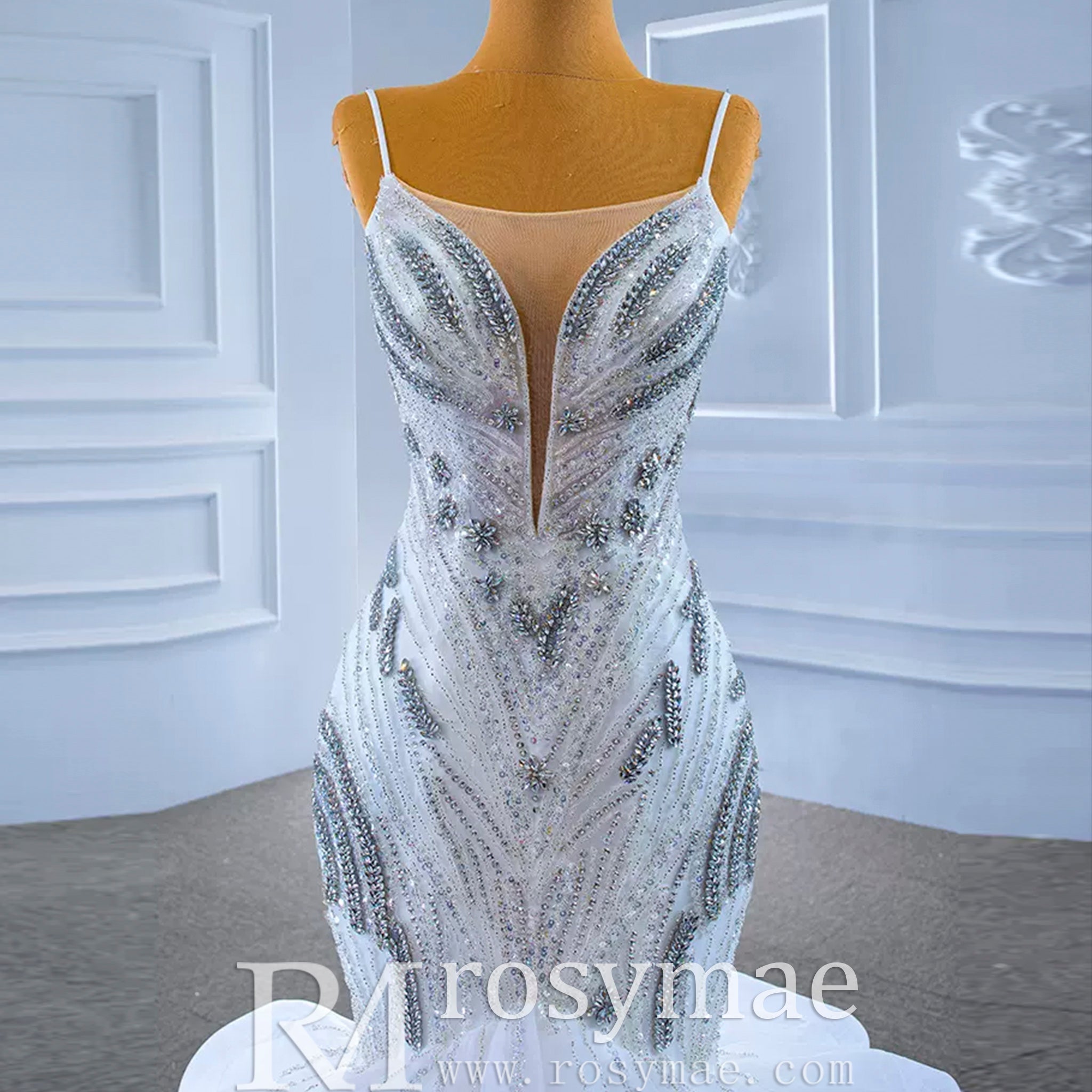 Beaded Spaghetti Strap Mermaid Wedding Dress with Ruffle Skirt - Rosymae