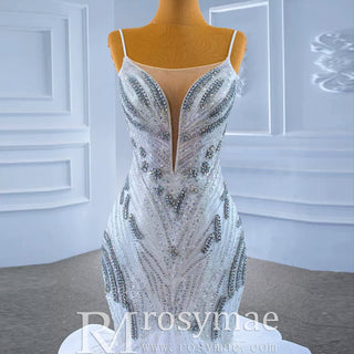 Beaded Spaghetti Strap Mermaid Wedding Dress with Ruffle Skirt - Rosymae