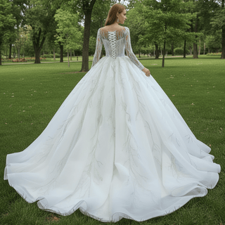 Beaded Sparkly Arabric Wedding Dress with Long Sleeve Ball Gown - Rosymae
