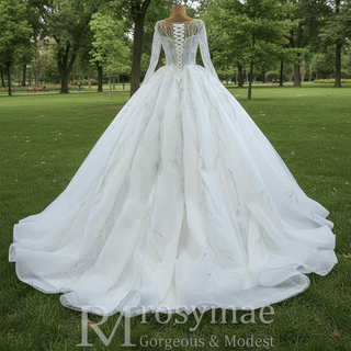 Beaded Sparkly Arabric Wedding Dress with Long Sleeve Ball Gown - Rosymae