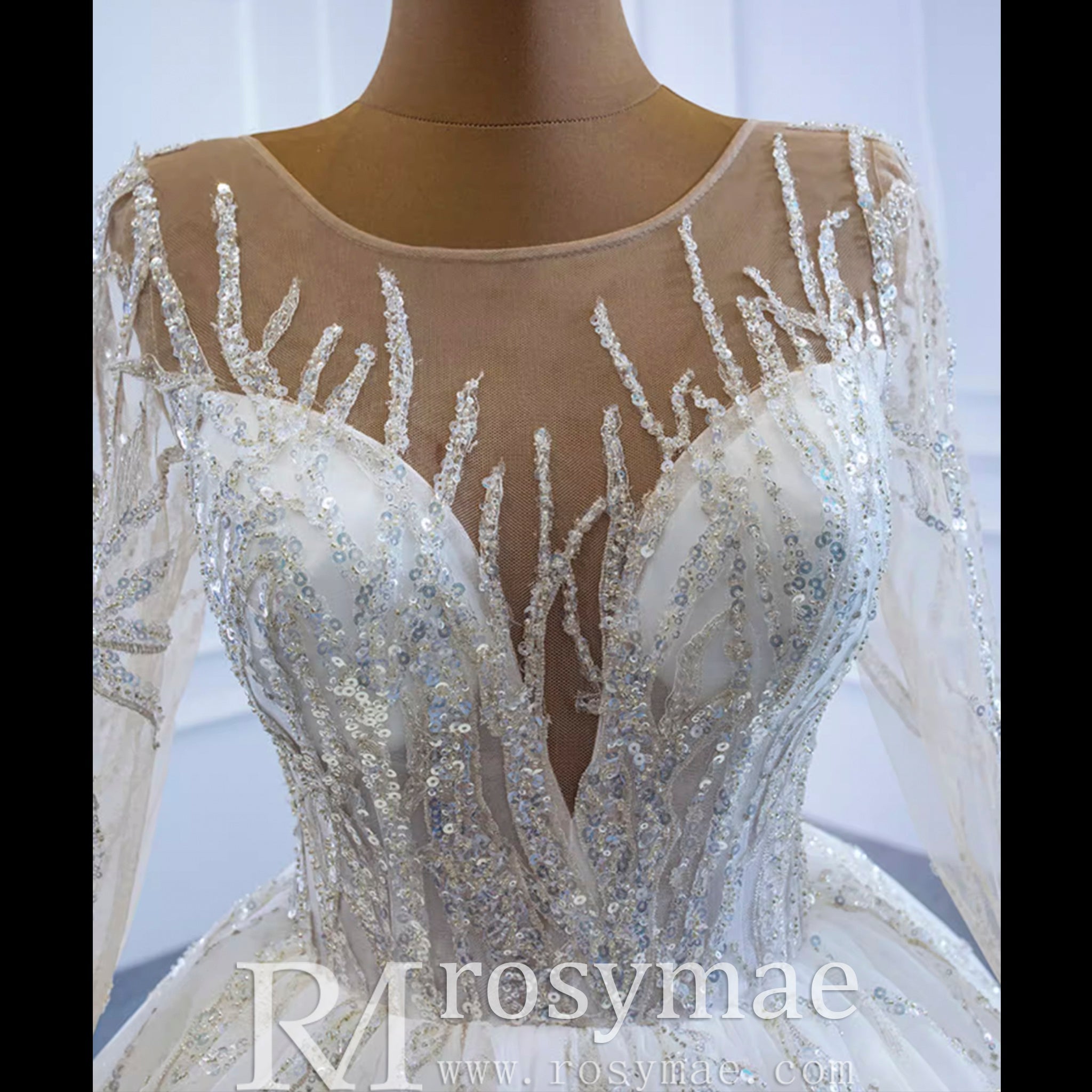 Beaded Sparkly Arabric Wedding Dress with Long Sleeve Ball Gown - Rosymae