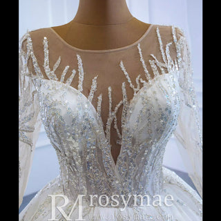 Beaded Sparkly Arabric Wedding Dress with Long Sleeve Ball Gown - Rosymae