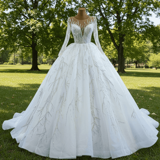 Beaded Sparkly Arabric Wedding Dress with Long Sleeve Ball Gown - Rosymae