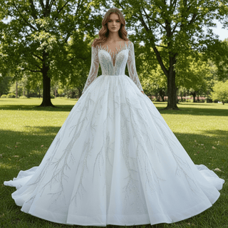 Beaded Sparkly Arabric Wedding Dress with Long Sleeve Ball Gown - Rosymae
