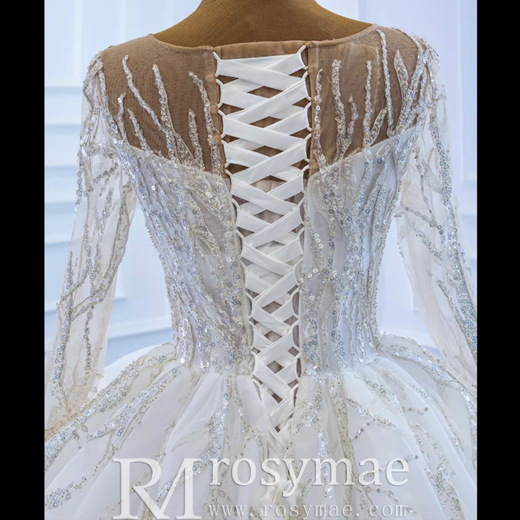 Beaded Sparkly Arabric Wedding Dress with Long Sleeve Ball Gown - Rosymae