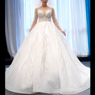 Beaded Sparkly Arabric Wedding Dress with Long Sleeve Ball Gown - Rosymae