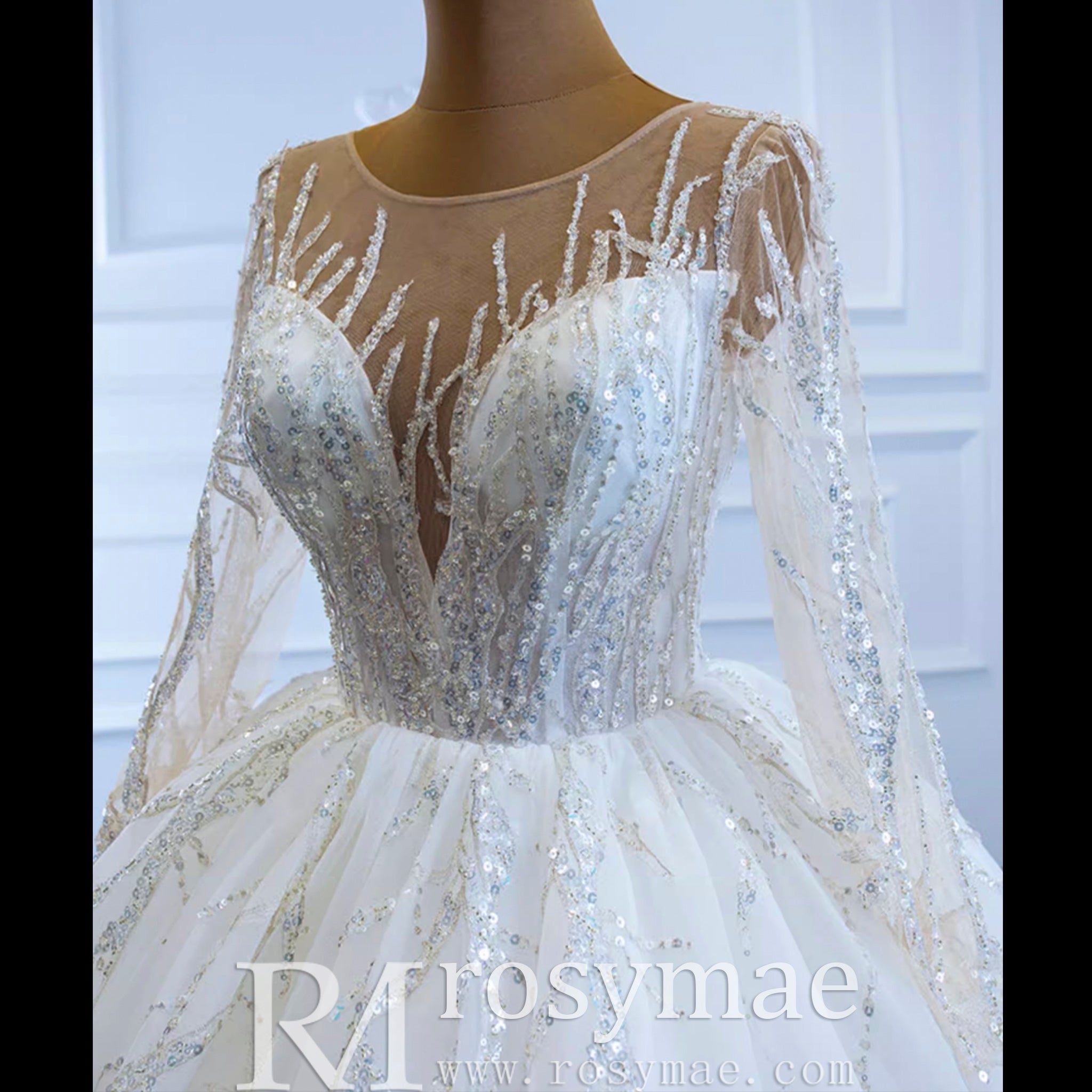 Beaded Sparkly Arabric Wedding Dress with Long Sleeve Ball Gown - Rosymae