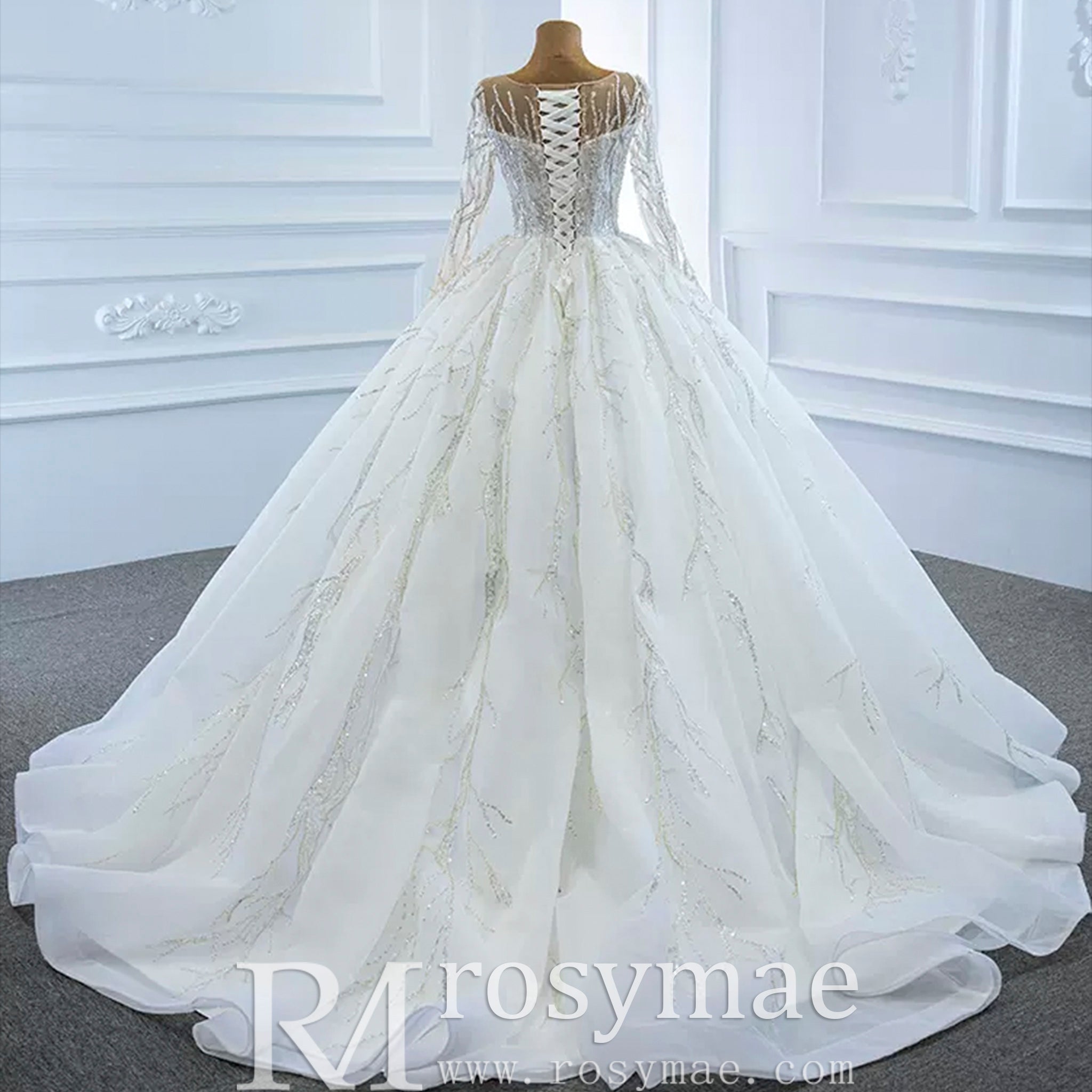 Beaded Sparkly Arabric Wedding Dress with Long Sleeve Ball Gown - Rosymae