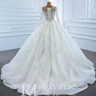 Beaded Sparkly Arabric Wedding Dress with Long Sleeve Ball Gown - Rosymae